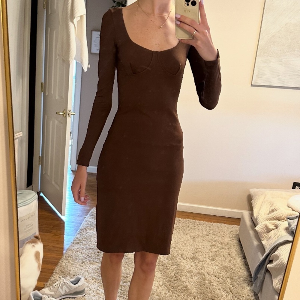 Aritiza wilfred Brown Midi Sheath Dress Square Neck